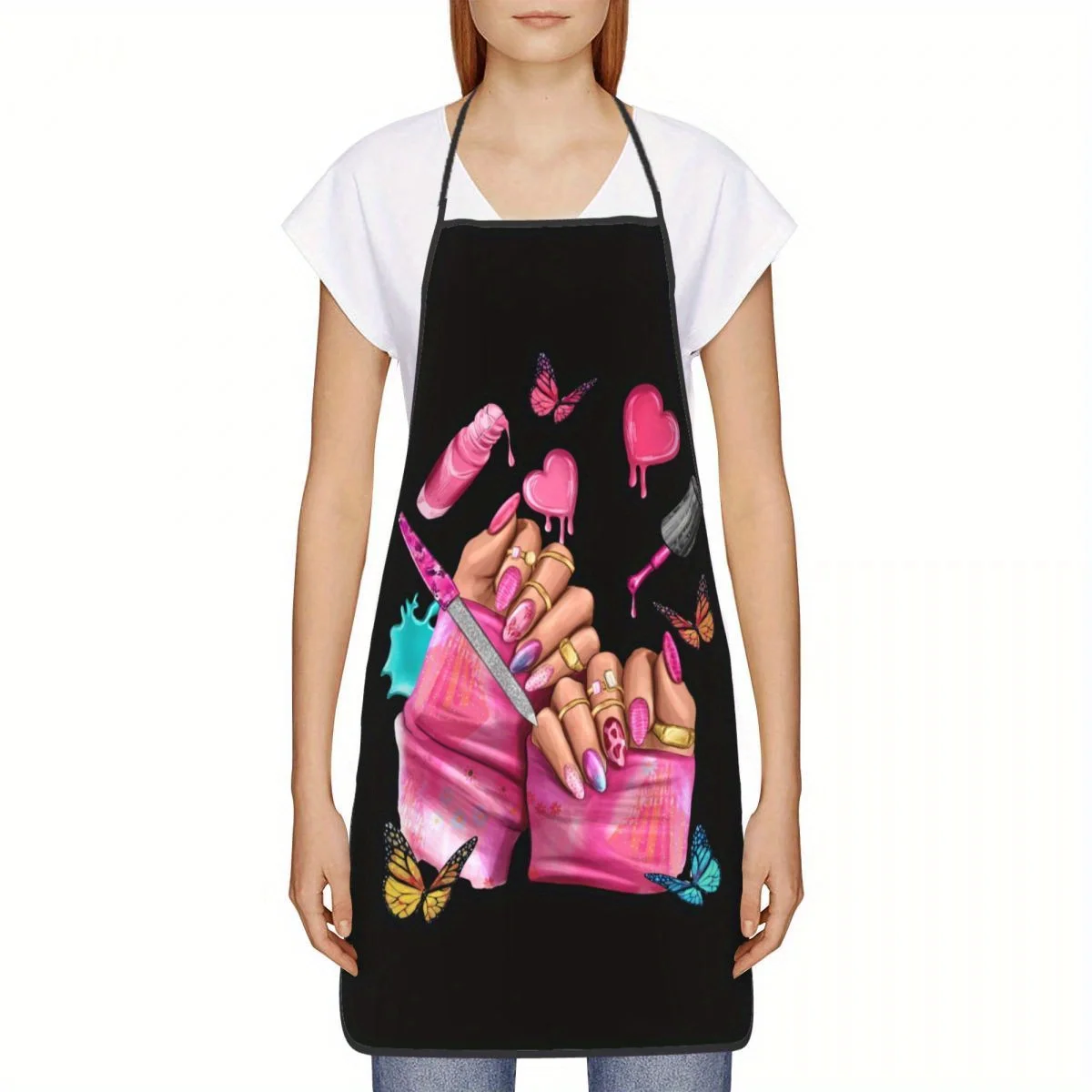 1pc 1pcs Unisex Pink Nail Art Apron - - Suitable for Chefs, Cooks & Makeup Artists, Glossy Finish with Nail Design, Polyester Ap
