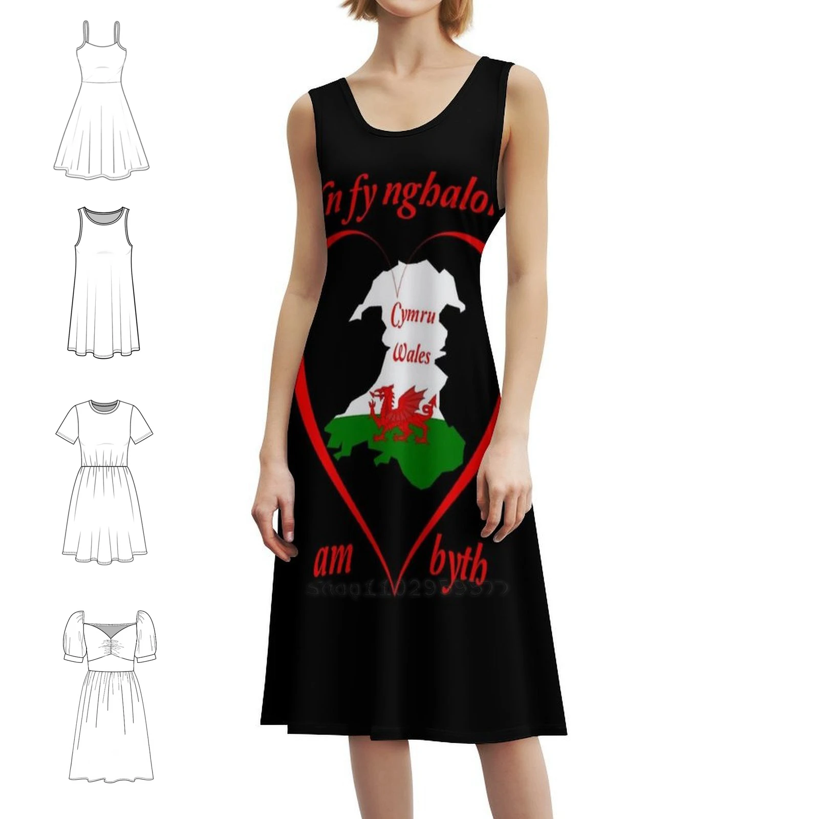 

Wales For Ever Heart Red Dragon Map Vintage Bohemian Dress Puff Sleeve Or Sleeveless Options For Women Dress Wales For Ever
