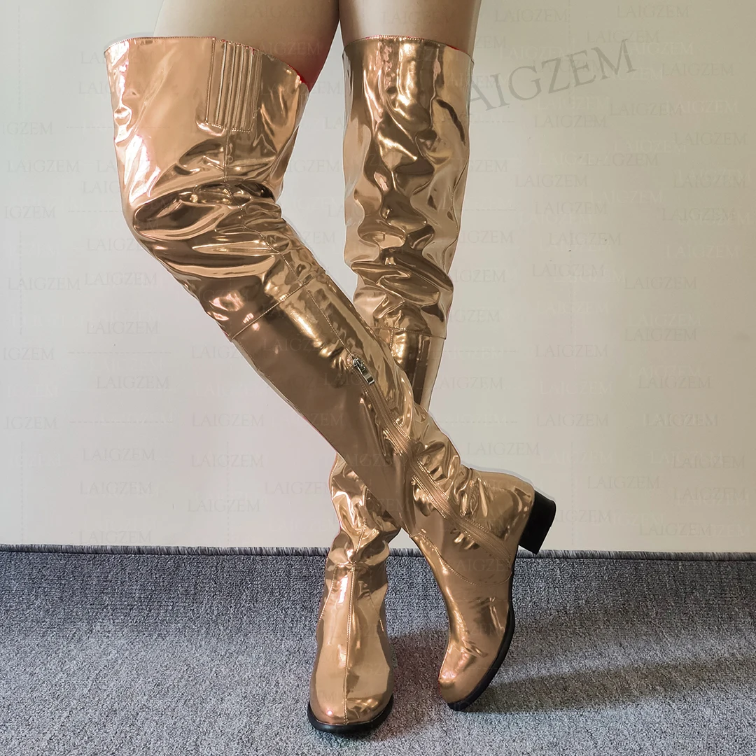 BERZIMER Women Over Knee Boots Metallic Colors Round Toe Low Heels Tall Boots Ladies Handmade Shoes Woman Plus Size 39 44 50 52