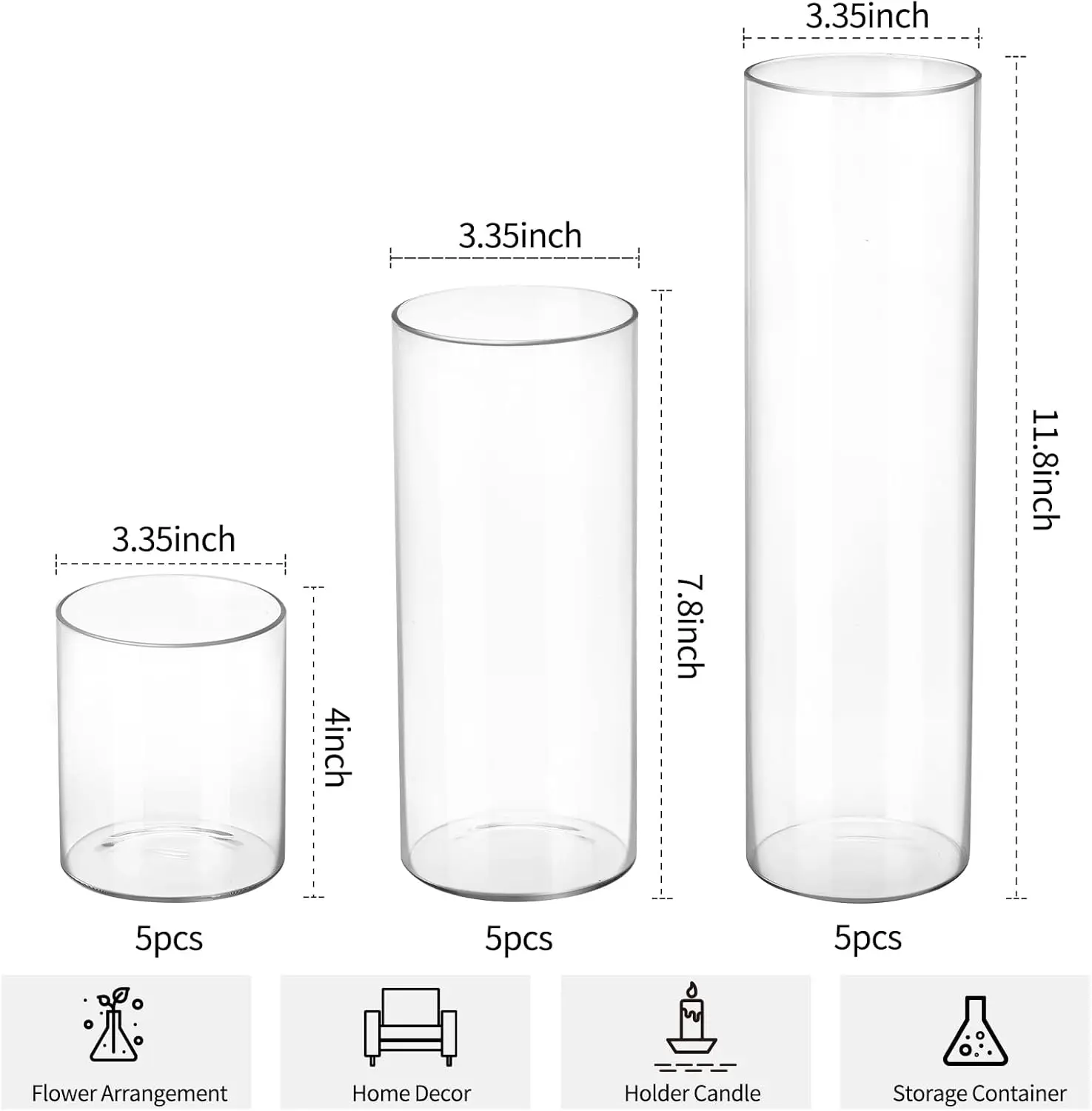 15pcs Glass Cylinder Vases-4, 8, 12 Inch Tall Hurricane Floating Glass Candle Holders Clear Flower Vases for Centerpieces Home