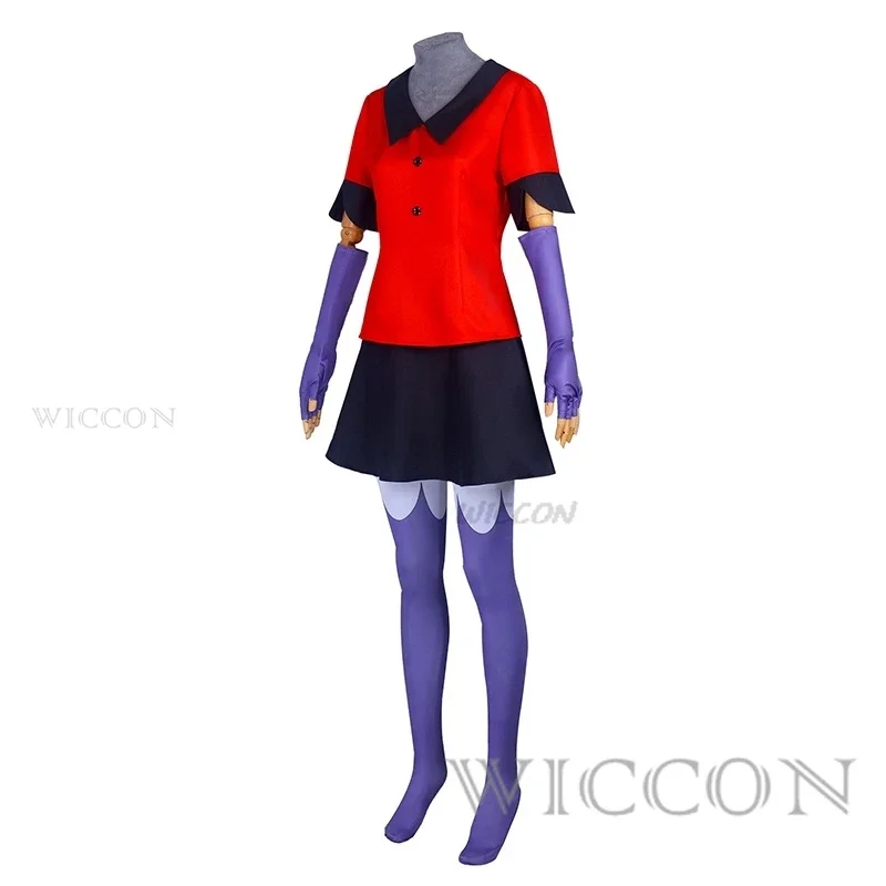 Hazbin Cos Hotel Vaggie Cosplay Traje para Mulheres, Roupas para Garota Adulta, Top Vermelho, Saia Preta, Luvas de Arco, Meias, Dia das Bruxas, Uniforme Sexy