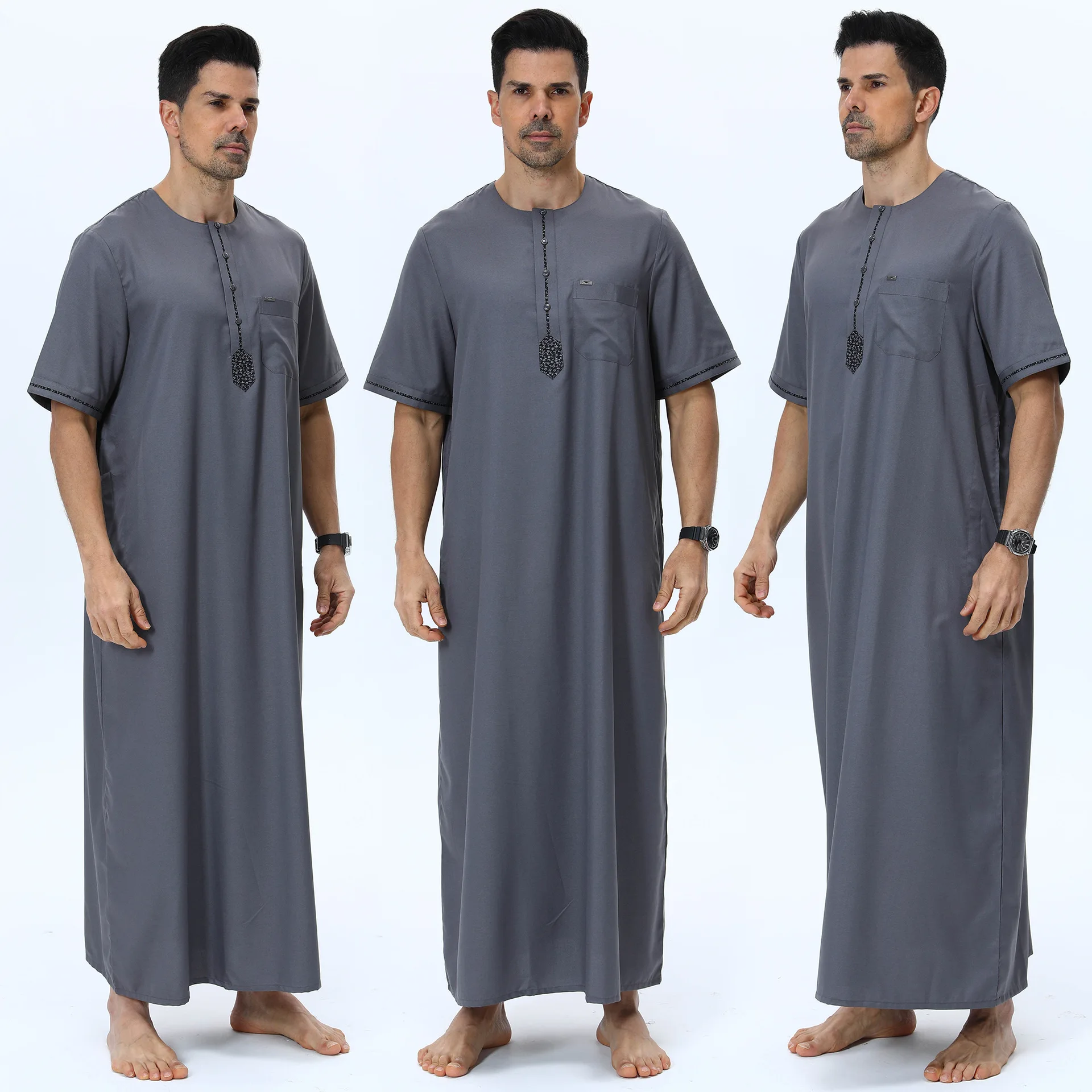 Muslim Men Button Robe Gray Short Sleeve Jubba Thobe Eid Djellaba Turkey Kaftan Abaya Daffah Dishdasha Shirt Loose Islam Clothes