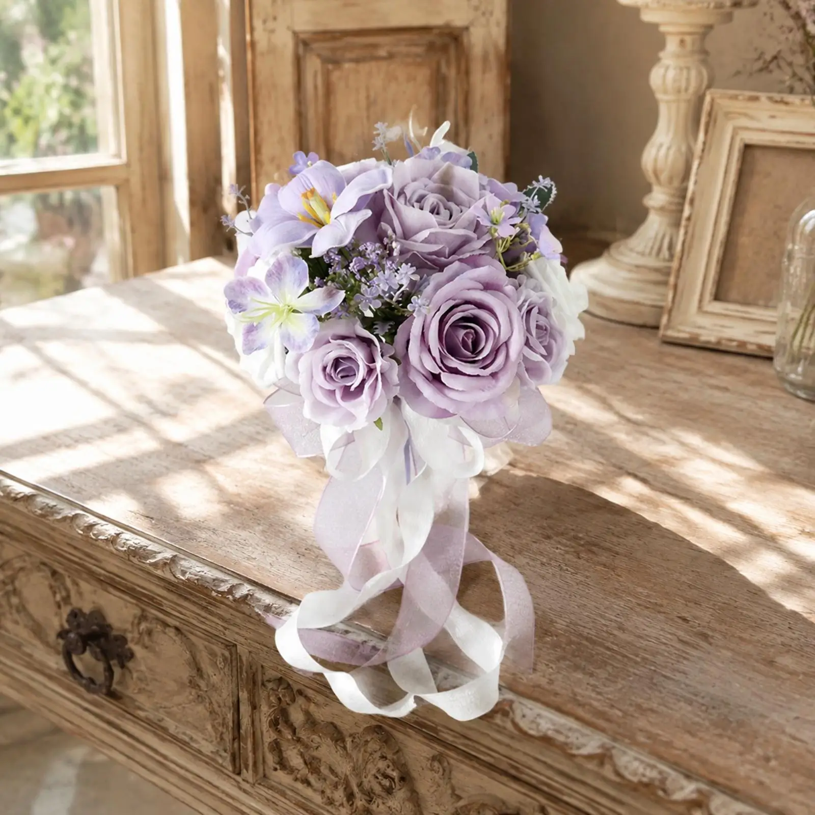 Silk Flower Bridal Bouquet with Trailing Ribbons for Wedding Bride Photography Decoration