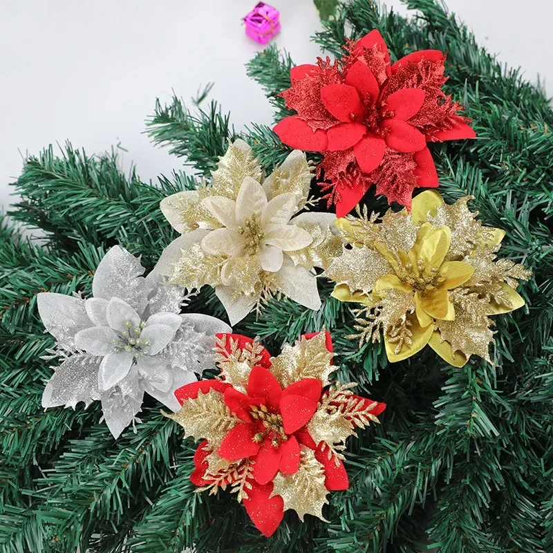 Glitter Artificial Flowers Christmas Floral Xmas Tree Hanging Ornaments Fake Flower For New Year Party Decor Gifts