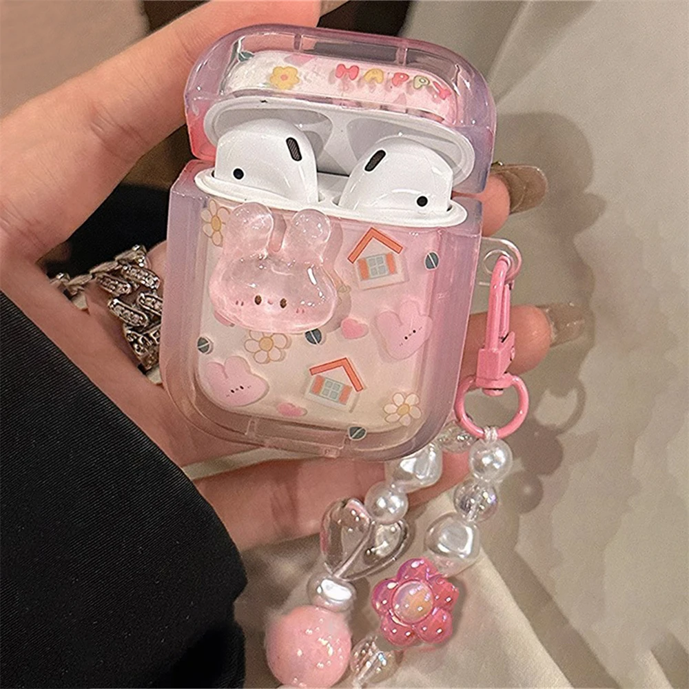 Étui pour écouteurs lapin 3D mignon, coque de protection, coque souple, pendentif perles de coeur d\'amour, AirPods Pro 2, AirPods 1, 2, 3