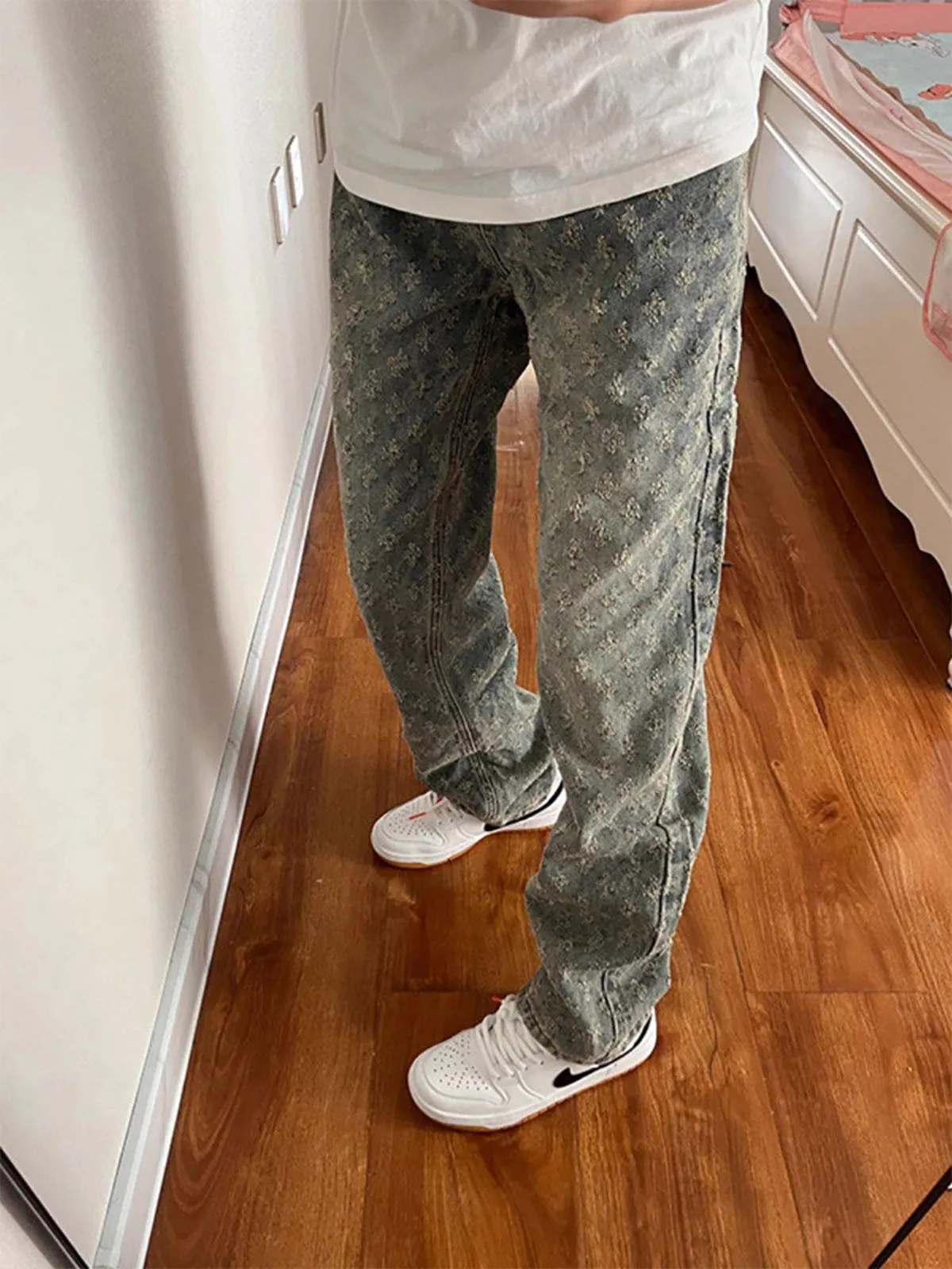 

Waed Vintage Floral Print Men's Jeans Spring Faion High Waist Straight Leg Knife Loose Fit Teenager Sle Daily Wear