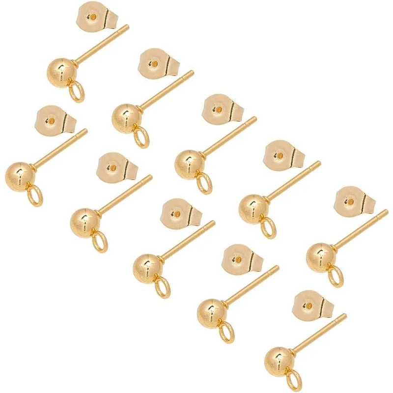 

50pcs(25 Pairs) Stainless Steel Stud Earrings 0.7mm Pin Ball Ear Studs Components with Open Loop Golden Stud Earring with Ear