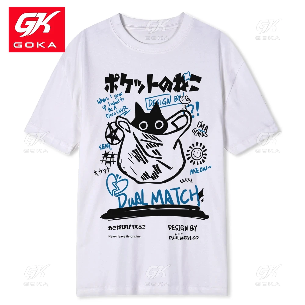 Fashion Hip Hop T Shirt Men Streetwear Japanese Kanji Funny Cat Print Tees Men Harajuku Cotton Short Sleeve Tops Unisex T Shirts