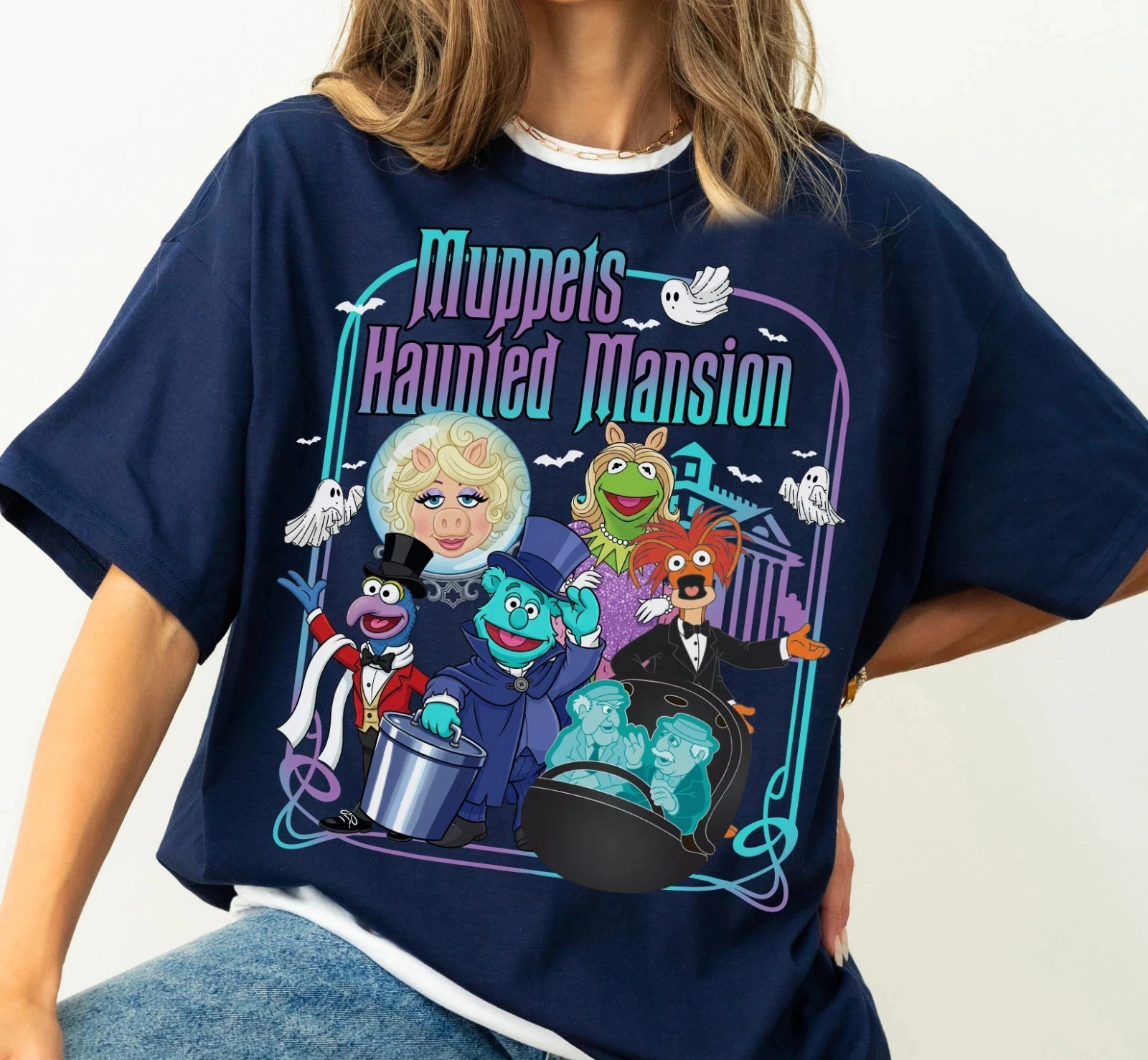 تي شيرت Muppet Haunted Mansion، تي شيرت Gonzo Pepe Fozzie للجنسين تي شيرت ديزني عالي الجودة من القطن لجميع المواسم ملابس الشارع