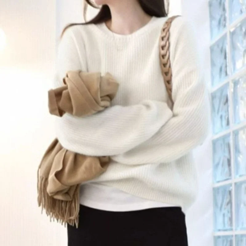 Y2K Women Solid Elegant Sweater Pullovers Chic O-neck Long Sleeve Knitted Sweaters Autumn Office Female New Fashion Casual Tops