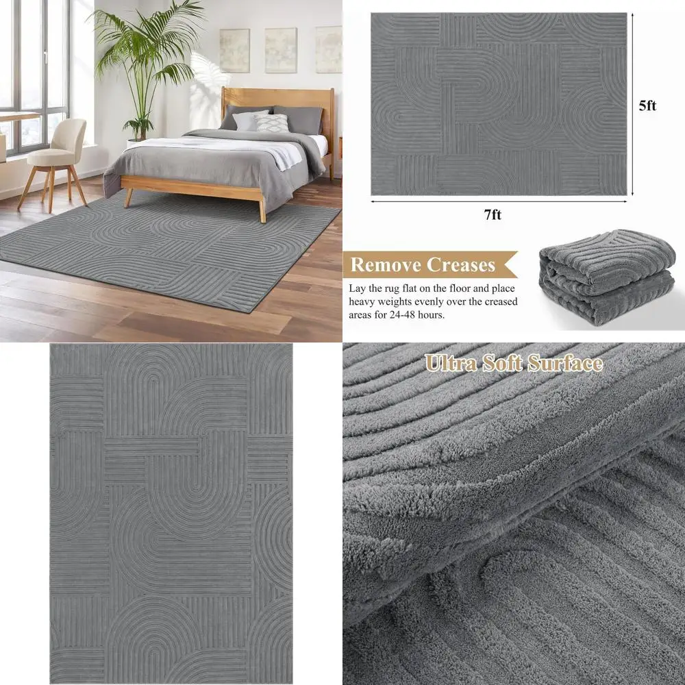 

5x7 Washable Living Room Grey Solid Rug with Non-Slip Feature for Kids, Dining, and Kitchen Spaces