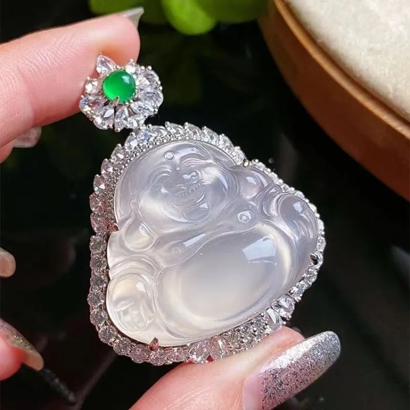 Natural White Chalcedony Buddha Pendant Fashionable Women's White Moonlight