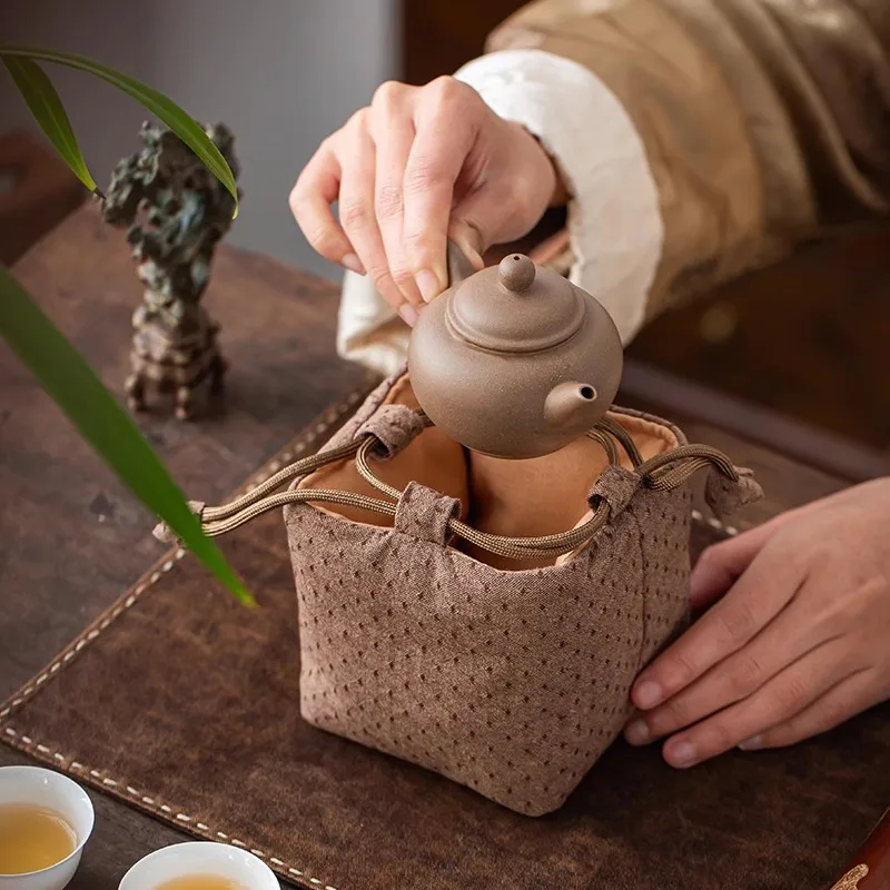 Japanese style Tea Cup Pouch -Thickened Portable Storage Bag for Zisha Teapot, Fast Tea Set, Travel Shockproof Tea Accessories