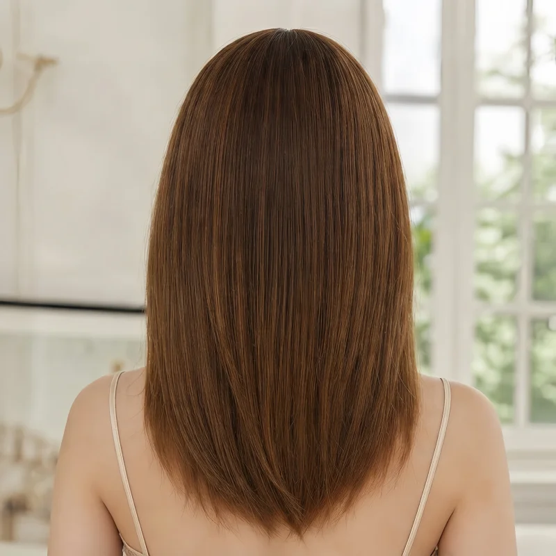 Medium Brown Straight Bob Synthetic Wigs for Women, Middle Part Shoulder Length Heat Resistant Fiber Wig Daily Party Cos Use