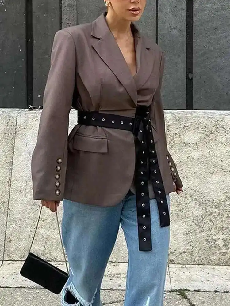 سترة كاجوال بحزام مقسم للتخسيس من KWTX للنساء بياقة مدببة وأكمام طويلة وزر مرقع سترات أنيقة للسيدات جديد 2025