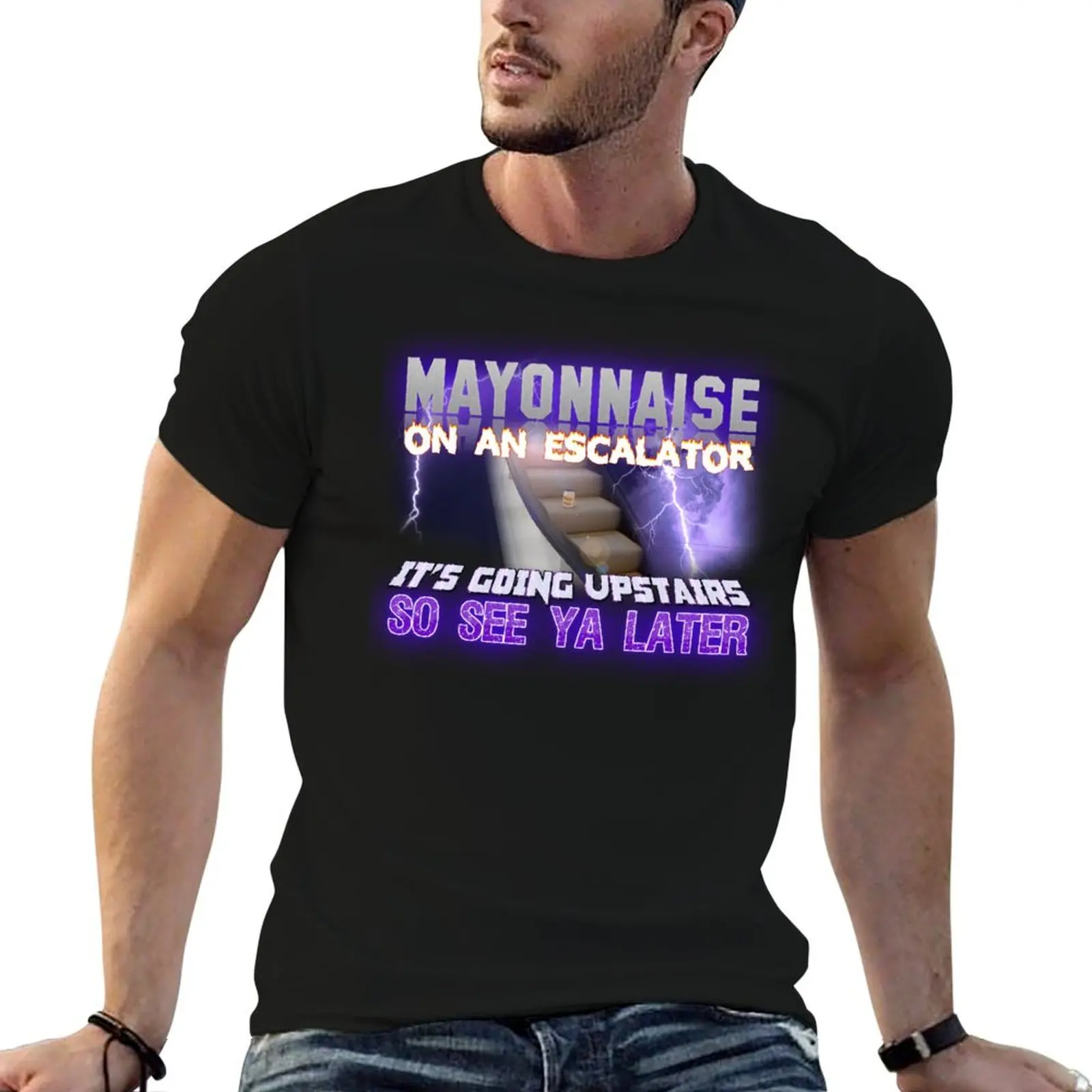 Camiseta con diseño de meme de mayonesa en una escalera mecánica, camisetas g man para hombre, camiseta 100% de algodón, camiseta de algodón de marca de lujo para hombre