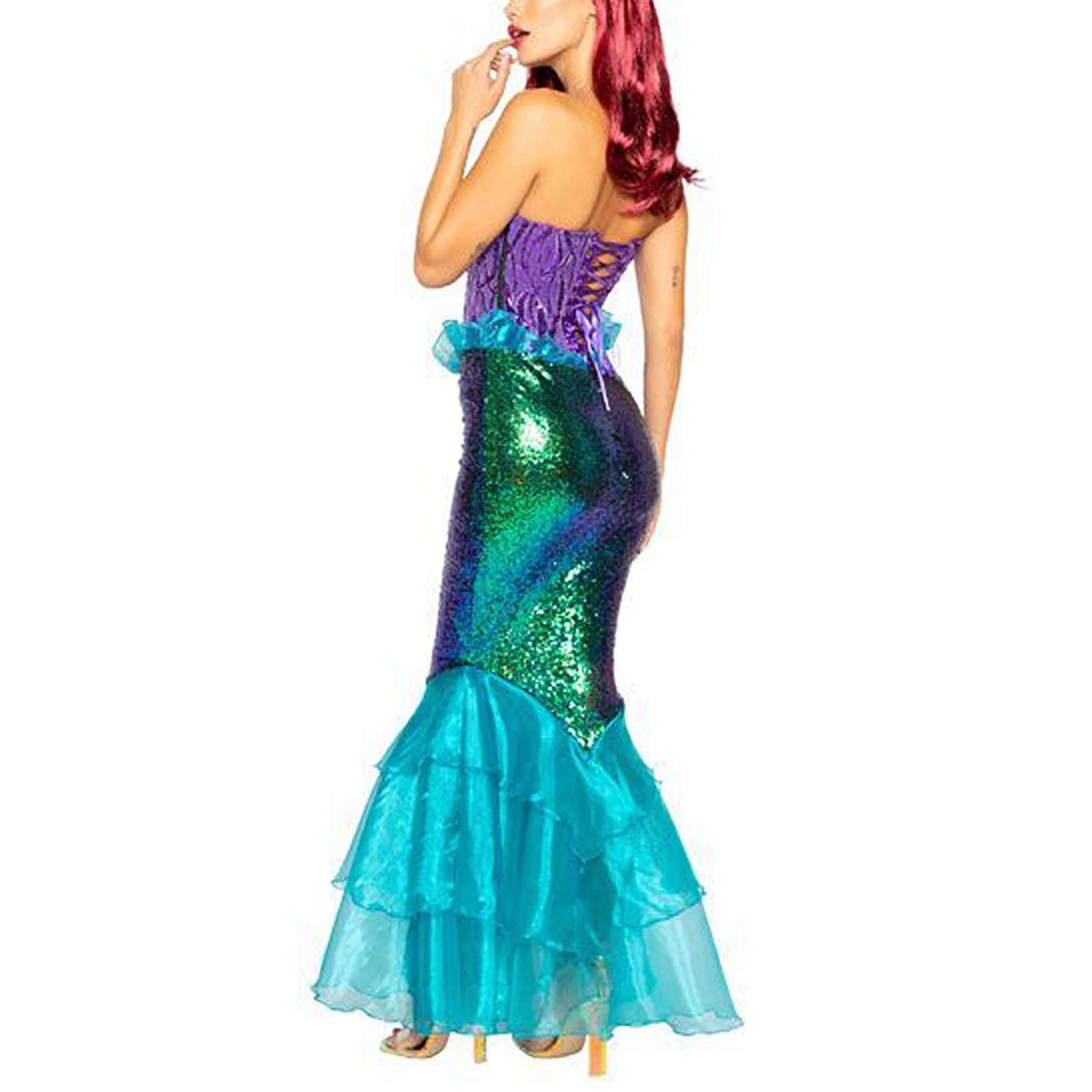 

Women's Mermaid Ladies Ruffle Sequins Patchwork Fairytale Book Fancy Layered Sheer Long Tail Dress Womens Adults Costume Outfit
