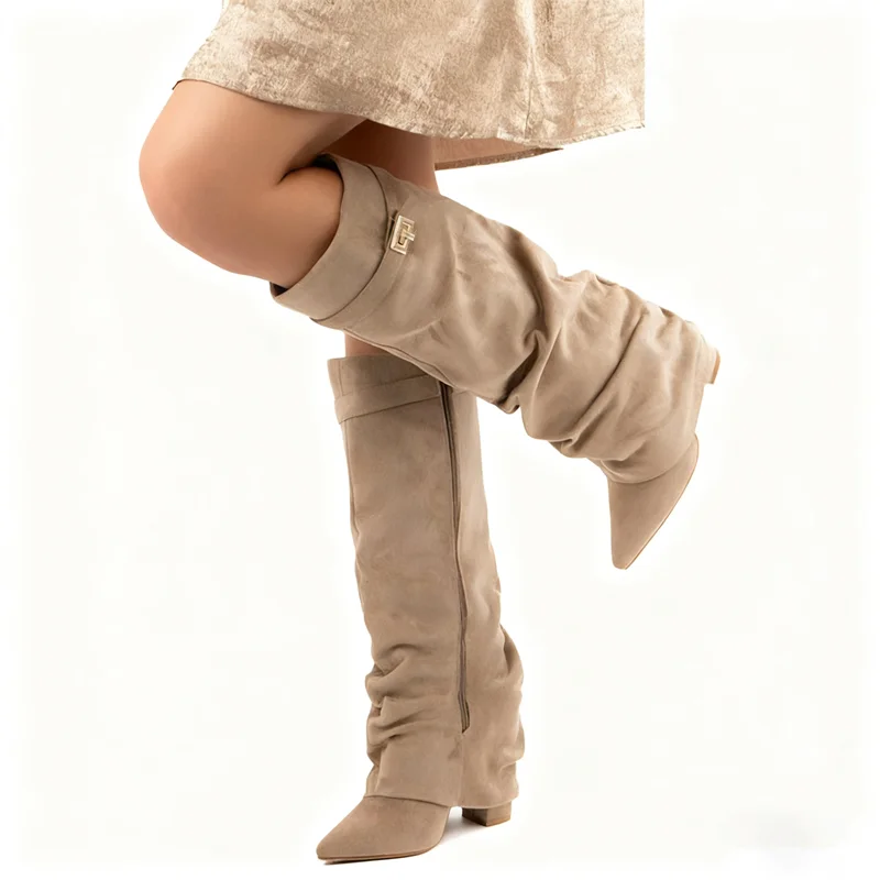 Autumn And Winter New Pointed Metal Buckle Knee High Women's Boots Thick High-heeled Pants Boots Ladies Fashion Mid Leg Boots view 2