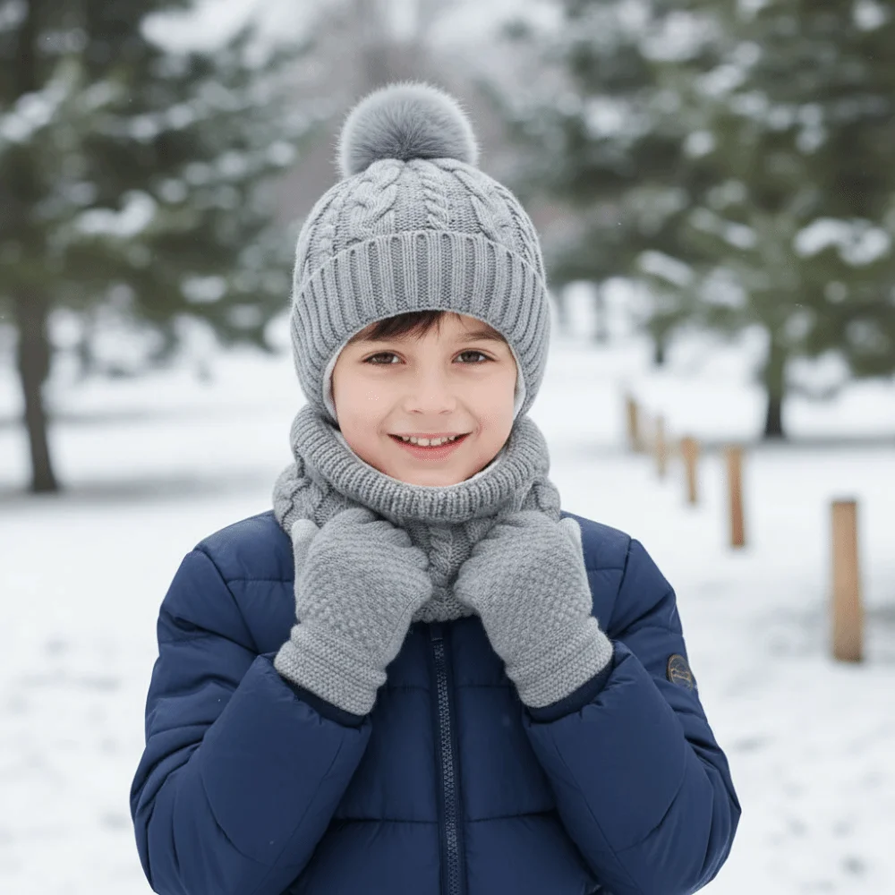 단색 아기 모자 스카프 장갑 세트 귀여운 폼폼 따뜻한 귀마개 유아 니트 모자 두꺼운 보온 어린이 모자 세트 크리스마스 선물