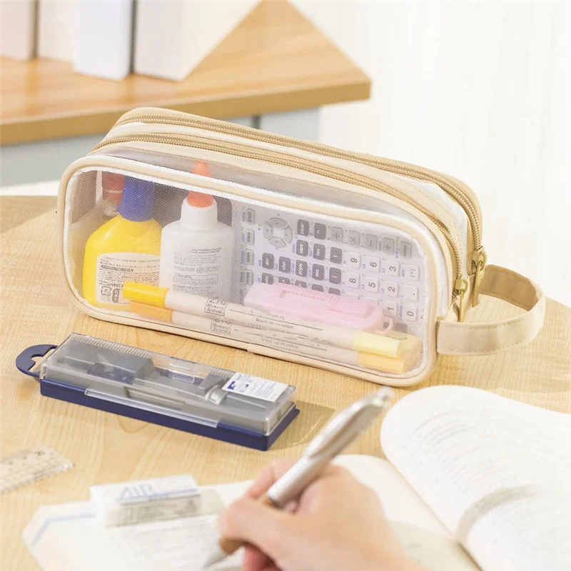 قطعة واحدة من مقلمة شبكية مكونة من قطعتين وحقائب أقلام للطلاب المراهقين باللون البني الفاتح