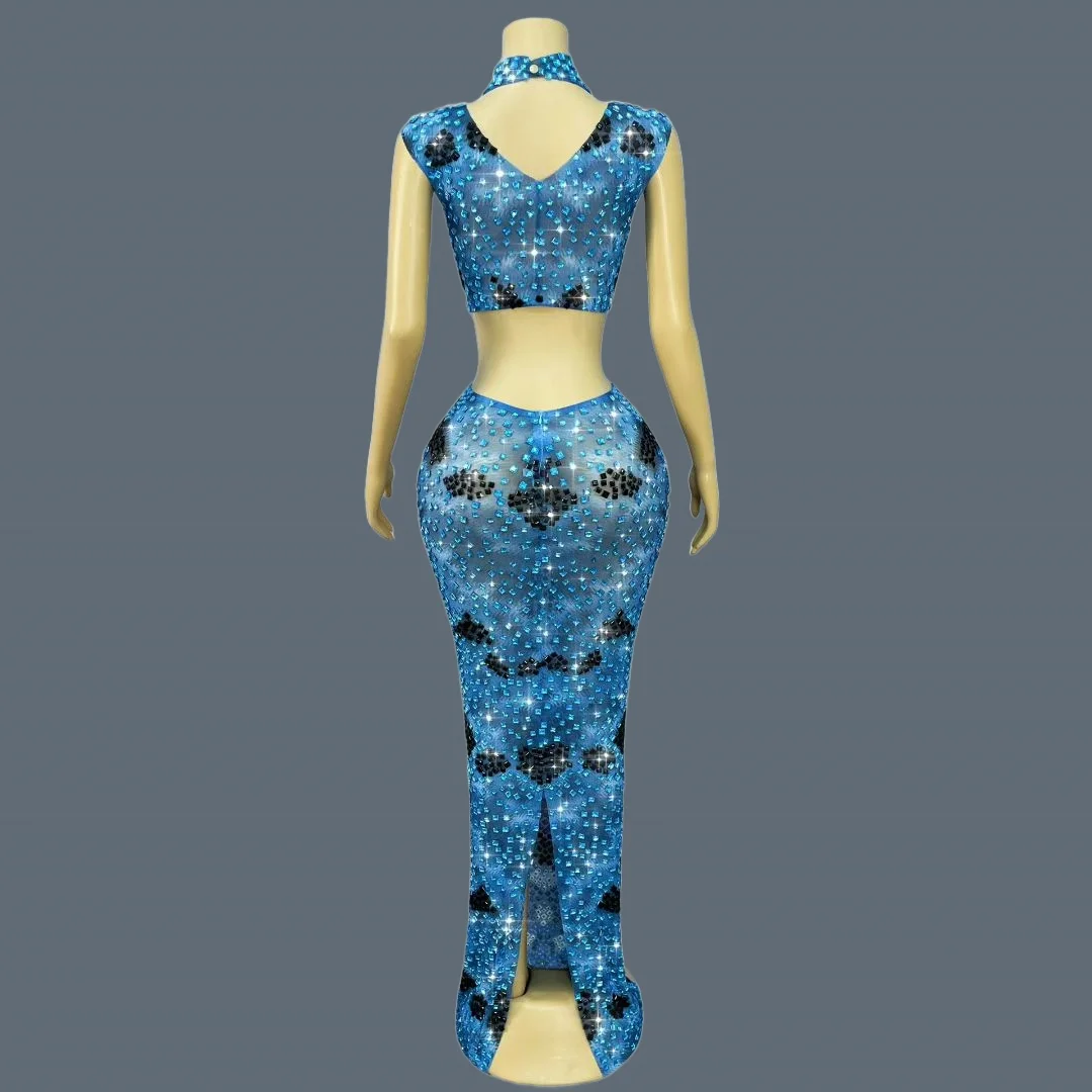 Sparkly Crystals Blue Black Crop Tops Long Skirt 2Pieces Set Birthday Party Sexy Outfit Festival Celebrate Evening Gown Huanqing view 2