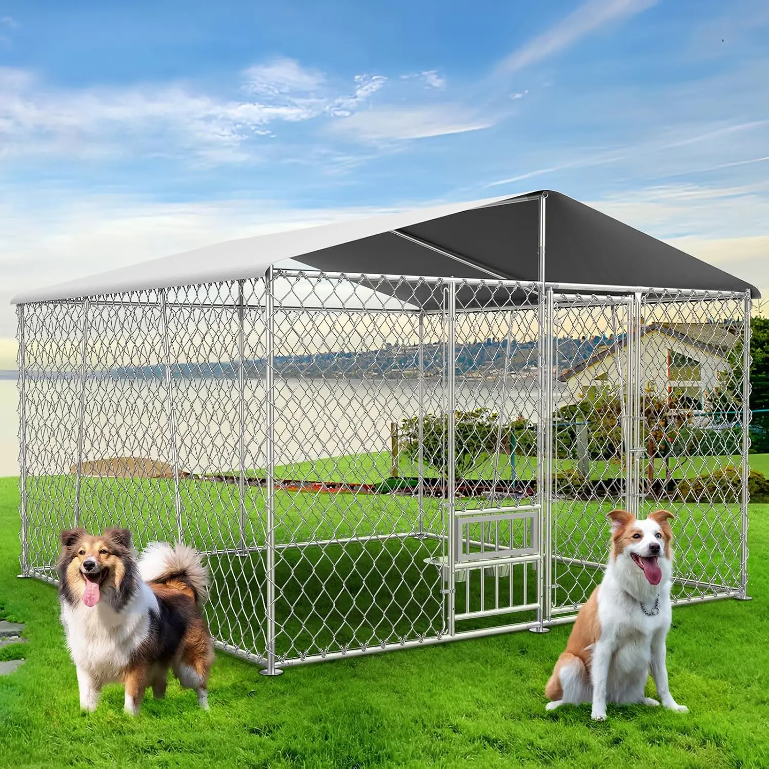 Outdoor Dog Kennel with Roof and Bowls, Large Dog House Pen Enclosure with Sidebar