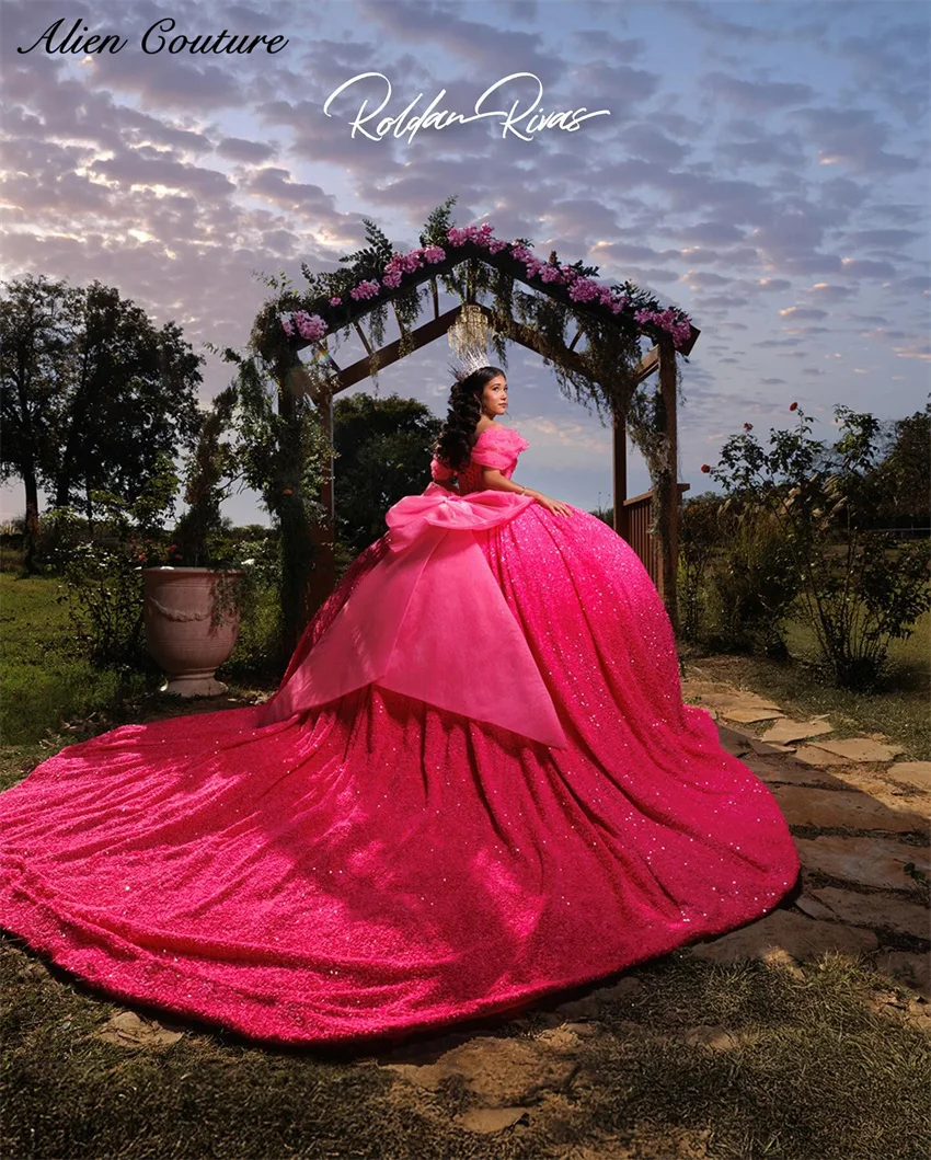 Hot Pink Quinceanera Dress 2025 With Bow Bead Applique Crystal Sweet 16 Birthday Party Dress Vestidos De 15 Años Customized