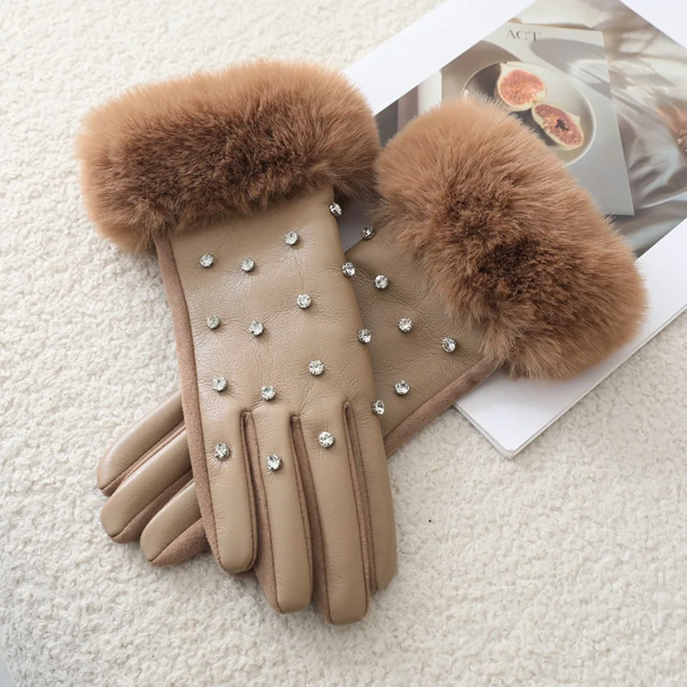 Gift Velvet Rhinestone Winter Gloves Soft Plush Pu Leather Gloves Windproof Waterproof Women Warm Mittens Outdoor
