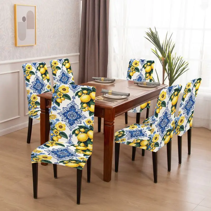 Stretch dining chair cover with idyllic blue flower and yellow lemon print for hotel banquet home decoration