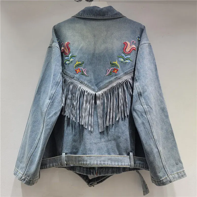 Vintage Embroidery Beaded Flowers Fringed Patchwork Blue Denim Coat With Sashes Lapel Long Sleeve Autumn Female Jeans Jackets