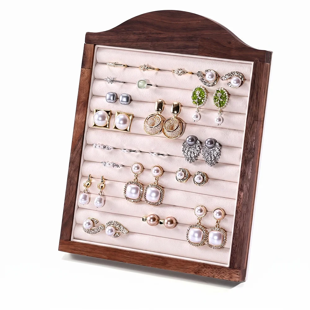 

Elegant Walnut Jewelry Display Stand, Multi-Row Ring & Earring Organizer with Soft Lining for Home, Boutique and Photoshoots