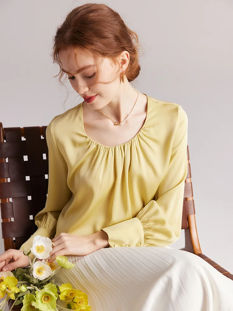 90% Silk 10% Spandex Women's Blouse O Neck Long Sleeves Ruched Elegant Fashion Quality Tops