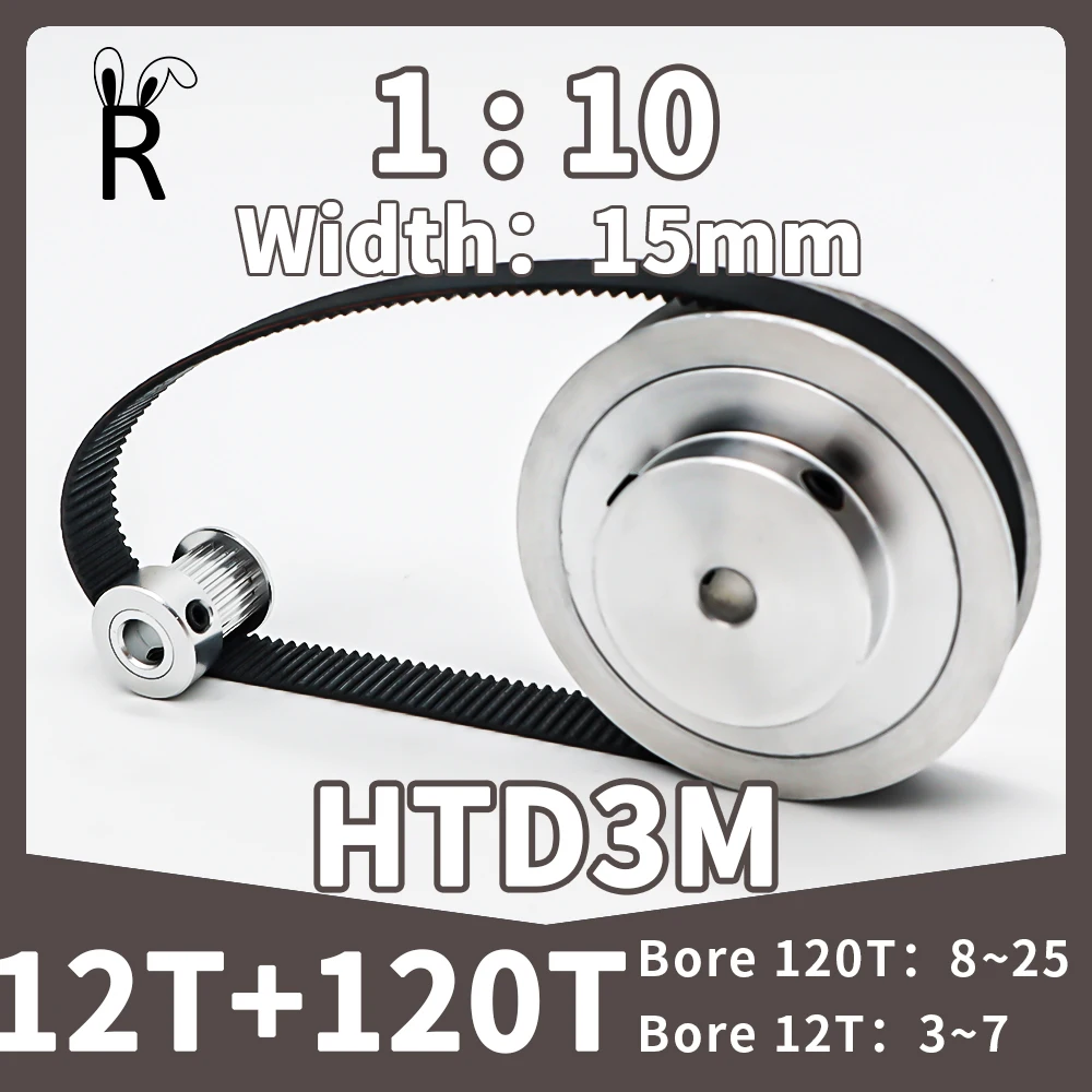 

12T 120T HTD 3M Synchronous Wheel Set Belt Width 15mm Timing Pulley Set Reduction1:10 Timing Belt Pulley Kit 3M 120Teeth 12Teeth