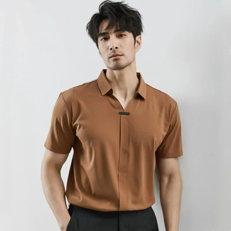 

LIBIELIY Ice Silk Non-trace Adhesive Short-sleeved POLO Shirt Men's Business Non-ironing V-neck Shirt Collar T-shirt High-end Me