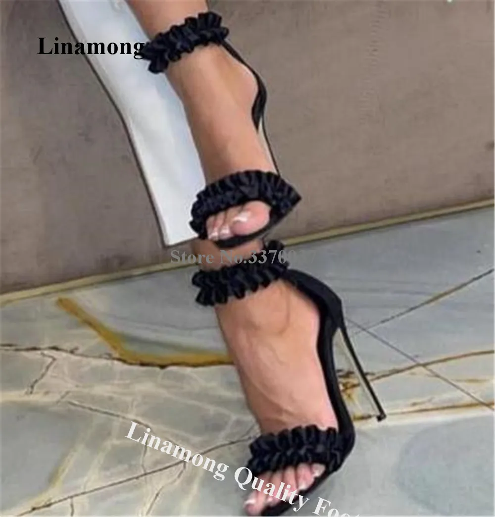 

Linamong Elegant Black Suede Ruffles Stietto Heel Sandals Open Toe Cut-out Fringes Thin Heel Wedding Heels Party Shoes