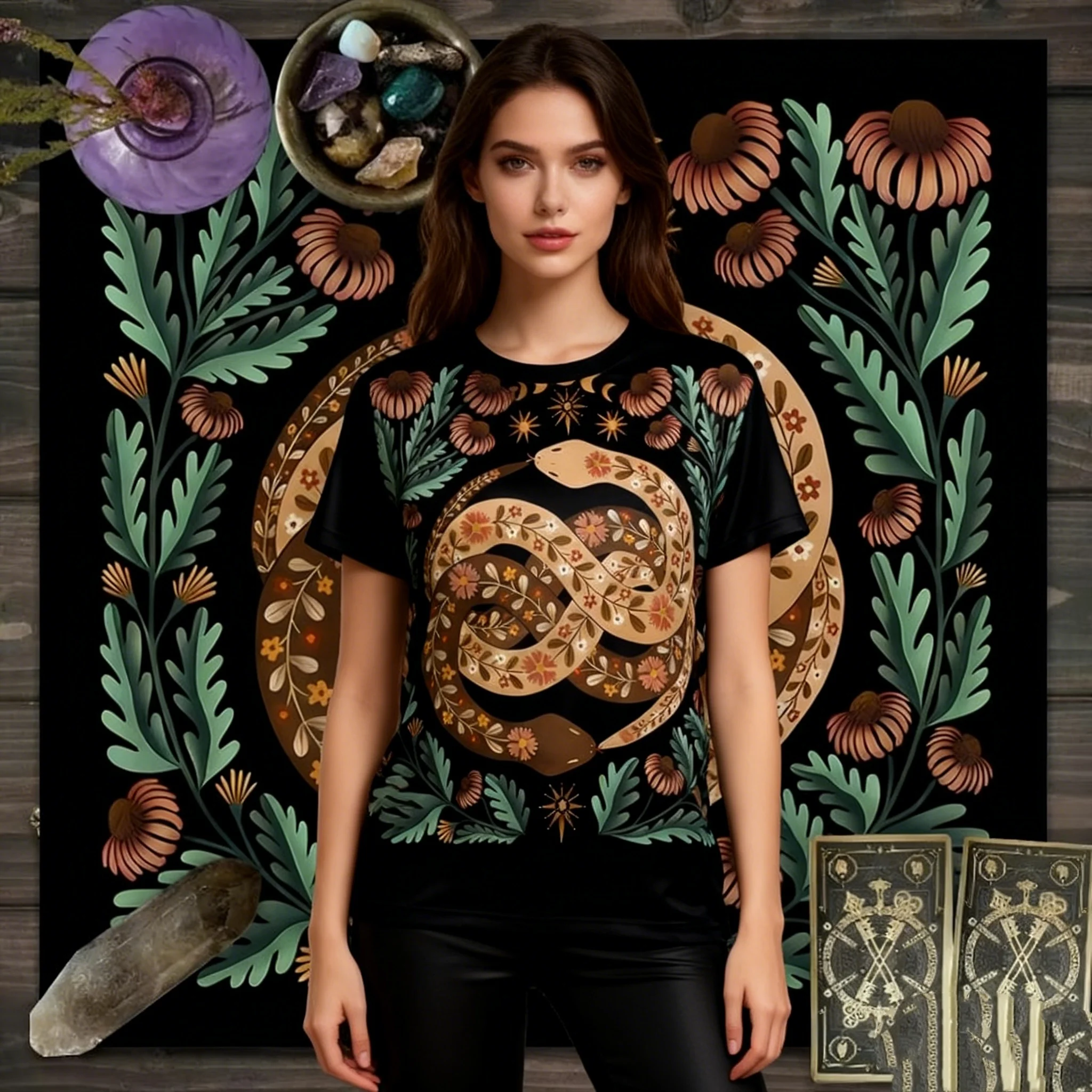 

Women's Mystical Serpent Floral Bohemian Print T-Shirt — Enchanted Botanical Design, Festival-Inspired Fashion