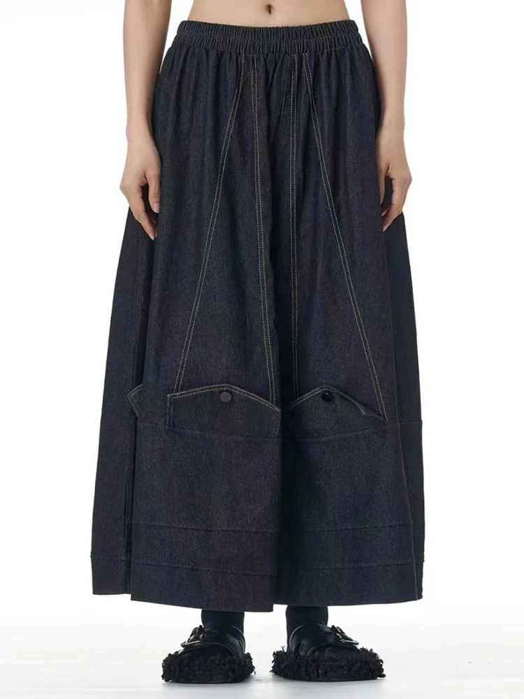 YERMORA High Elastic Waist Denim Topstitched Long A-line Half Body Skirt For Women Loose Fashion Tide Spring Autumn 2025 A426