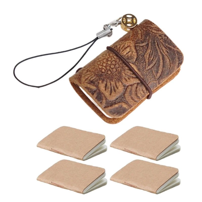 E0BF Genuine Leather Pocket Notebook Compact Leather Pocket Ledger Keychain for Coffee Shop Scribbles and Journeys