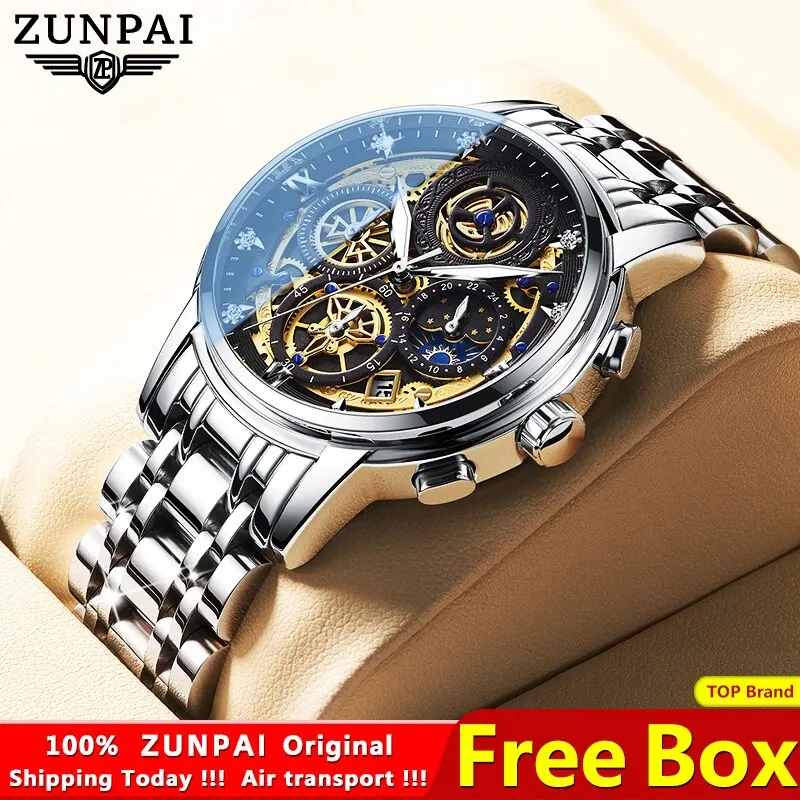 ZUNPAI Original Watch for Men Waterproof Stainless Steel Quartz Analog Fashion Business Sun Moon Star Wristwatches Top Brand