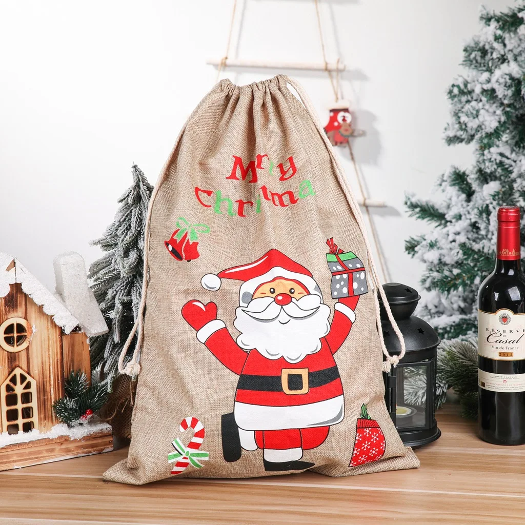 

New Decorative Items Christmas Printed Linen Gift Bags Santa Claus Backpack Candy Apple