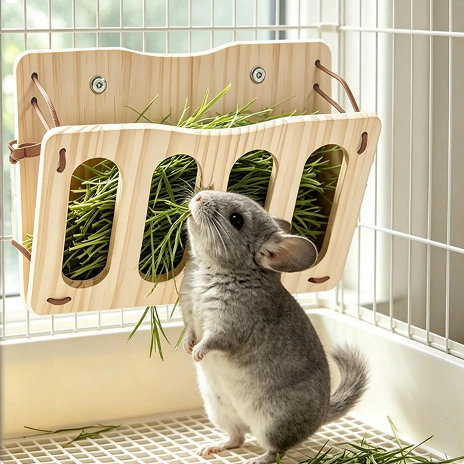 Hay Rack Large Wooden Cage Mounted Food Dispenser Rack Chinchilla Hay Feeder For Hamster Chinchilla Ferret Small Animal Cage
