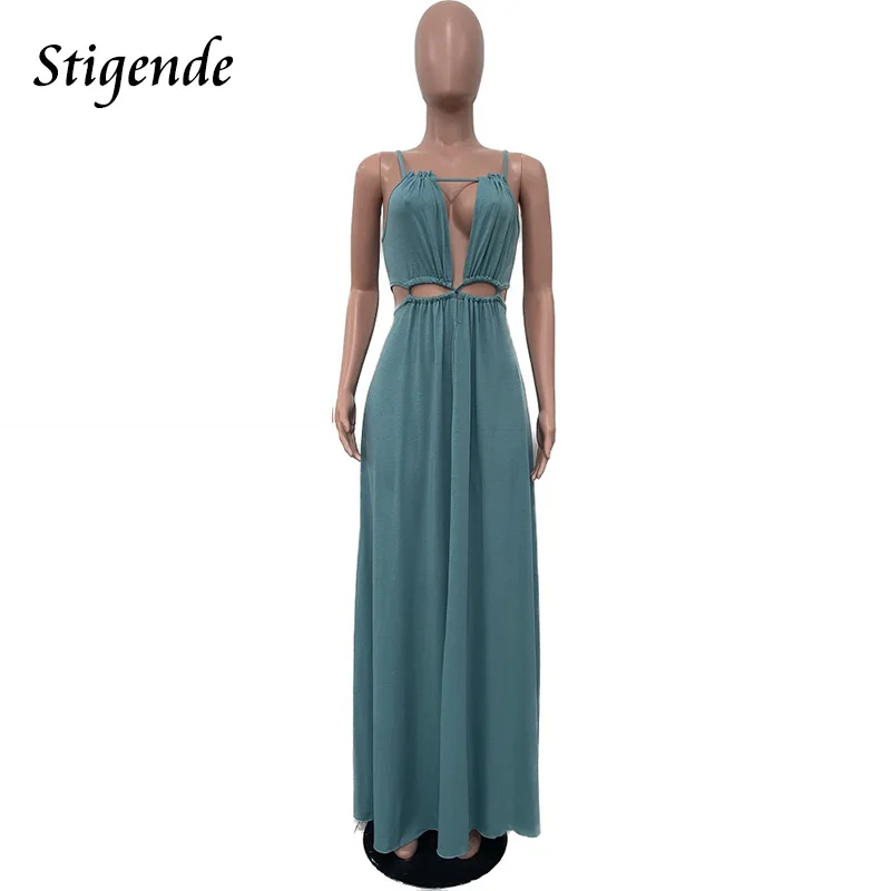 Stigende Women Summer Sleeveless Lace Spaghetti Strap Long Dress