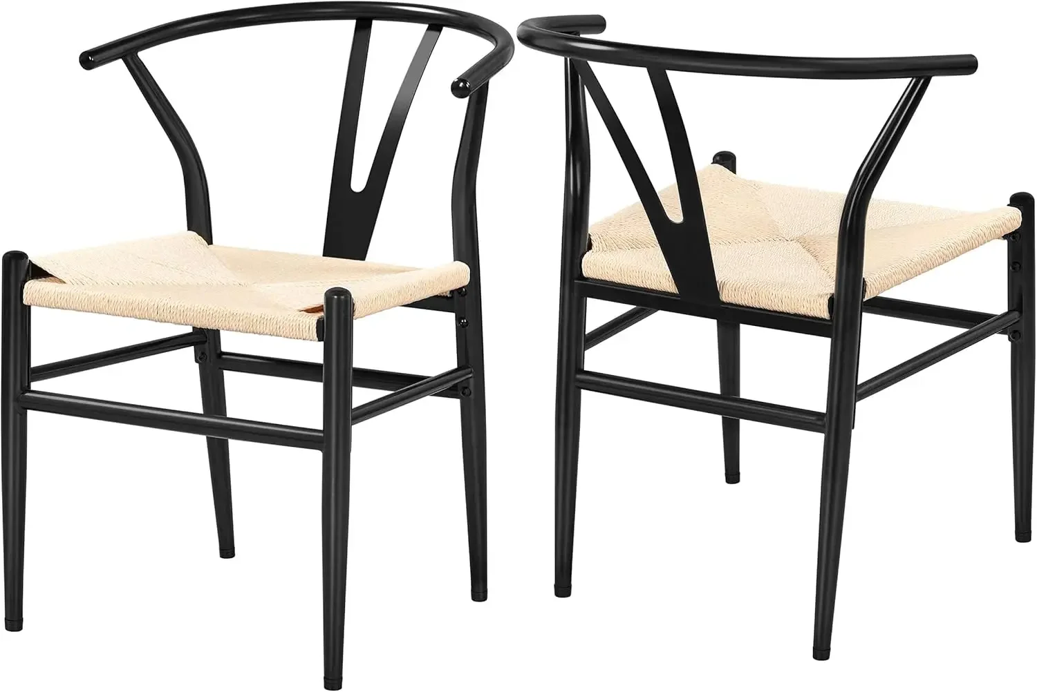 Set of 2 Weave Arm Chair Mid-Century Metal Dining Chair Y-Shaped Backrest Hemp Seat, Black