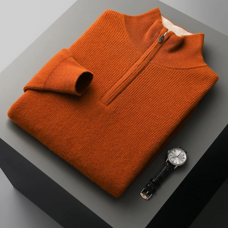 Autumn and winter new men's semi-high neck zipper 100% pure wool pullover knitted cashmere sweater warm fashion coat