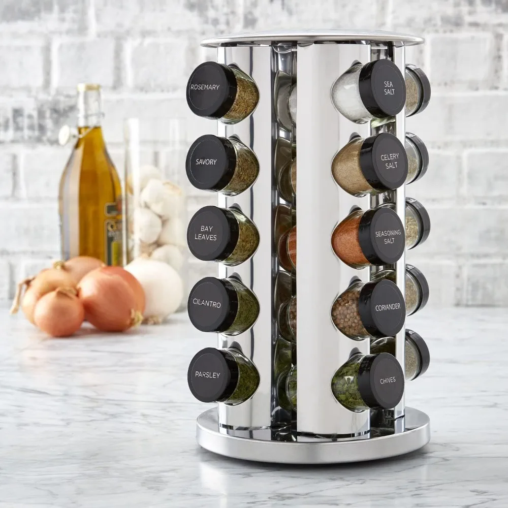Rotating Spice Rack with 20 Glass Jars – 360° Steel Carousel, Sifter Lids, Labels, Space Saving for Counter & Cabinet