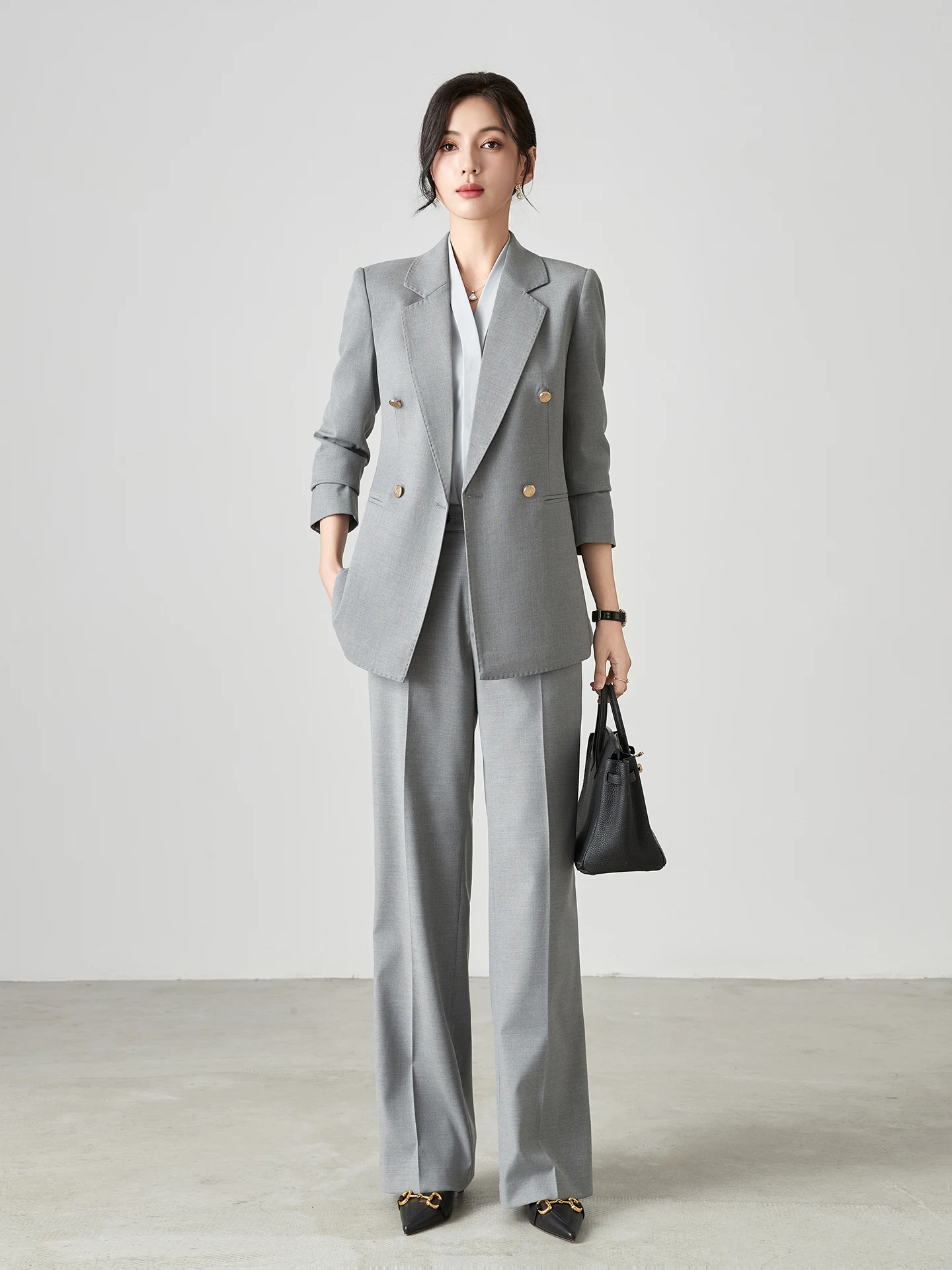 

Профессиональный деловой костюм: пиджак и брюки прямого кроя для женщин, комплект для офиса, стройнящий силуэт, весна-осень, премиум-класс