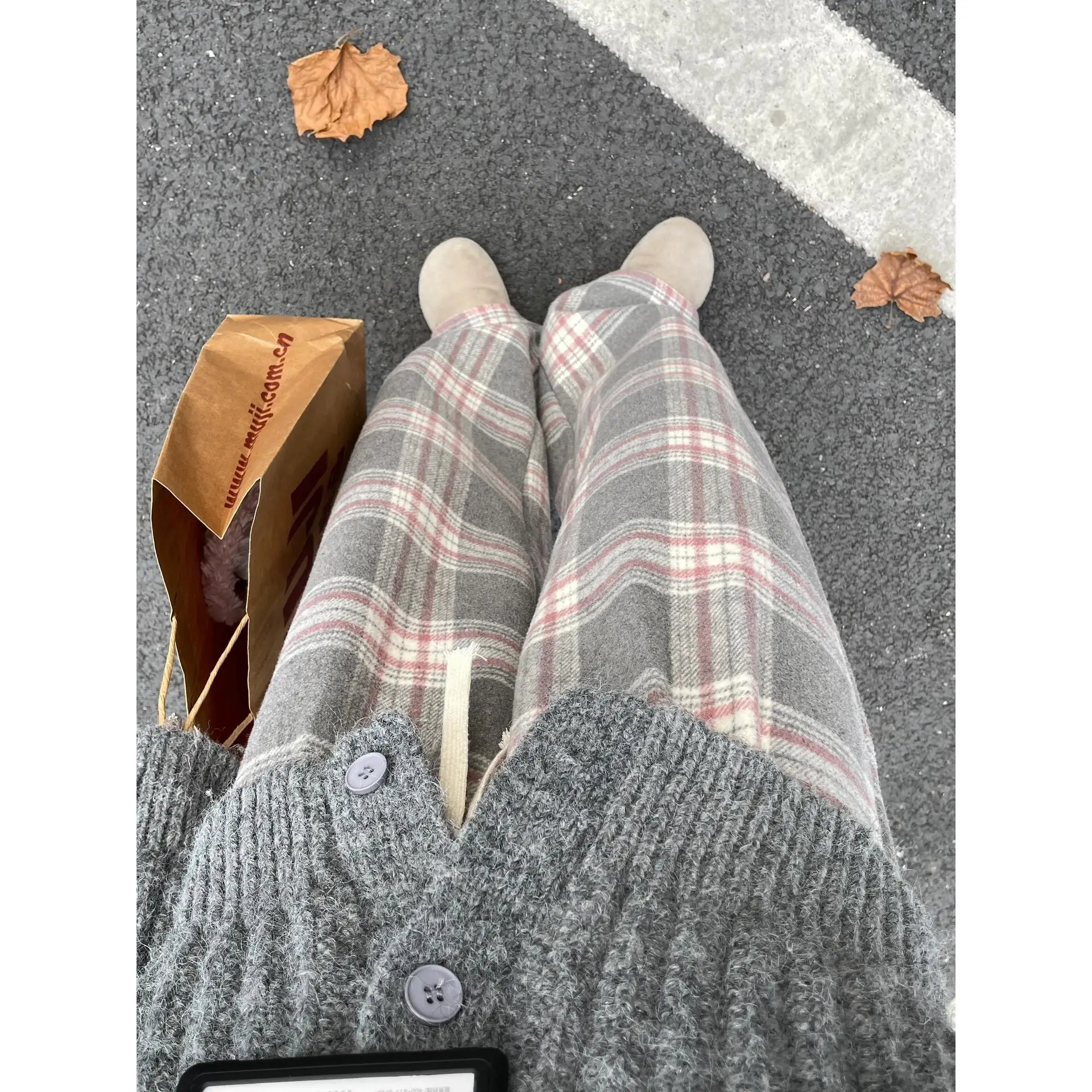 Luźne spodnie damskie z szerokimi nogawkami w kratę z wełny, plus size, proste, długie, jesienno-zimowe, modne, plus size.