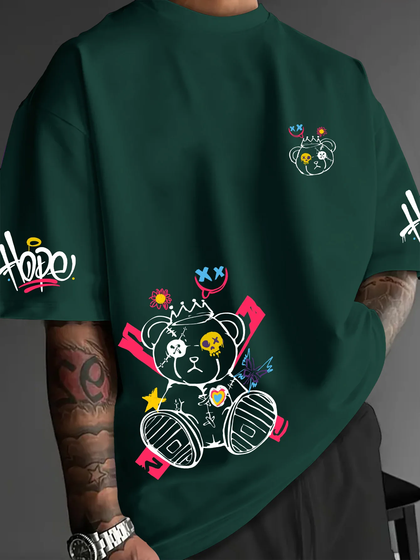 American men's summer teddy bear letter graffiti print micro elastic breathable round neck T-shirt outdoor street top