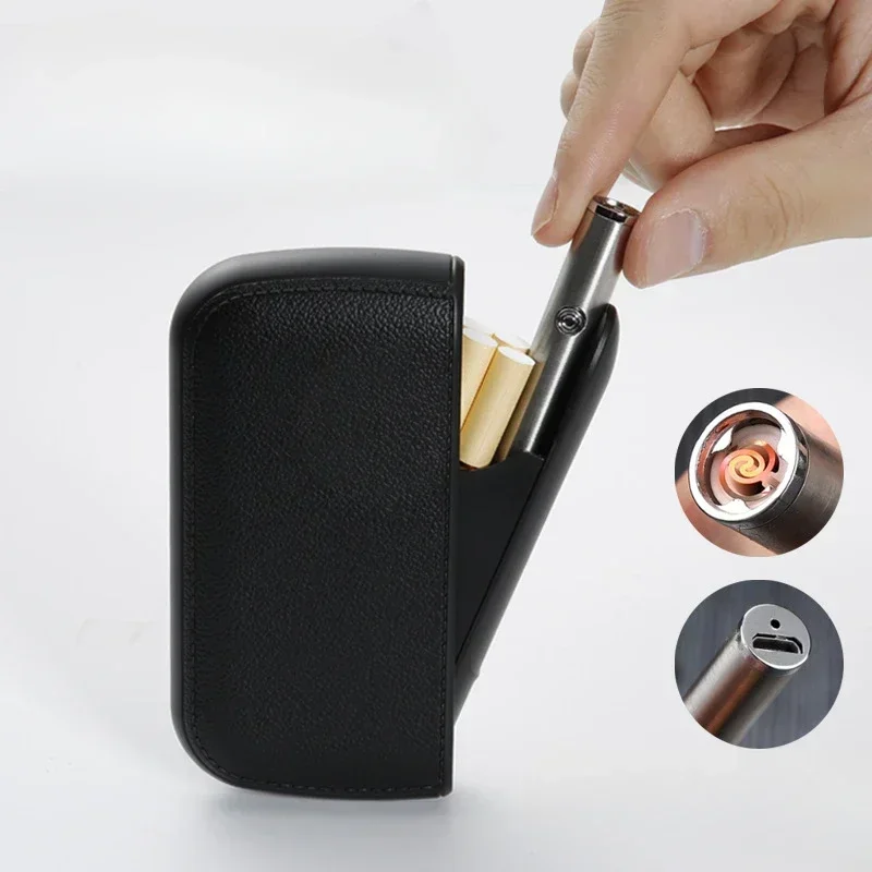 

New Imitation Leather Cigarette Case with USB Tungsten Electronic Lighter Cigarette Case Men's Exquisite Gift Cigarette Tool