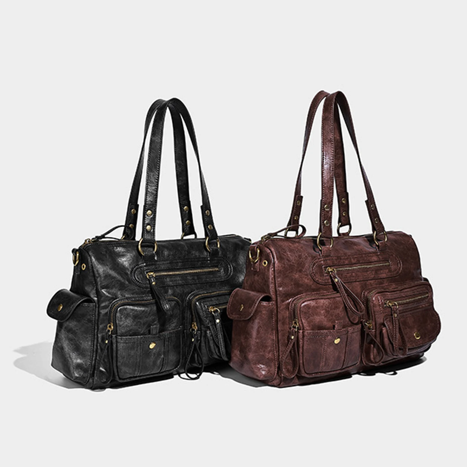 PU Leather Designer Tote Handbag Y2k 90s Multiple Pockets Retro Top Handle Bag with Zipper Crossbody Handbag for Women